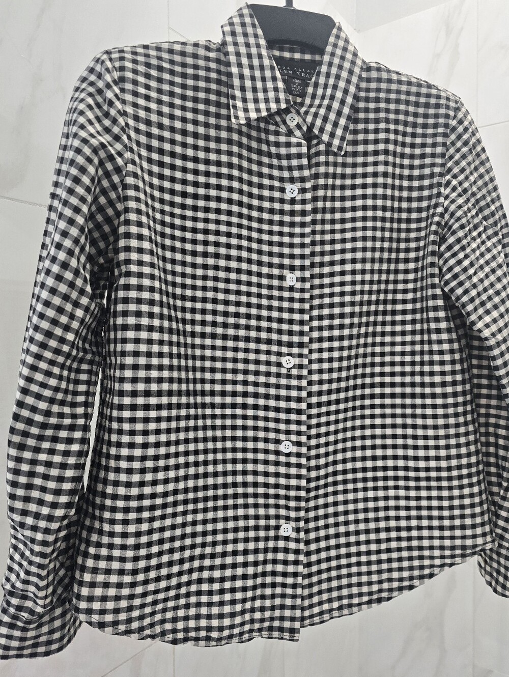 90's Linda Allard EllenTracy 100% Silk Black & White Gingham Button-Up Shirt S:2